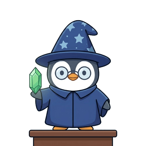 Klausi, der Zauberer-Pinguin mit Sternenhut und grünem Kristall